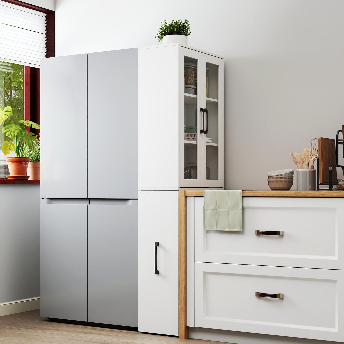 70.87 H Display Storage  Cabinet , 4 Tier Multi-functional Pull-out Multi-tier Storage Shelf & 2 Glass Doors, Modern Wooden  Kitchen Pantry Cabinet For Living Room Or Kitchen And Dinning Room
