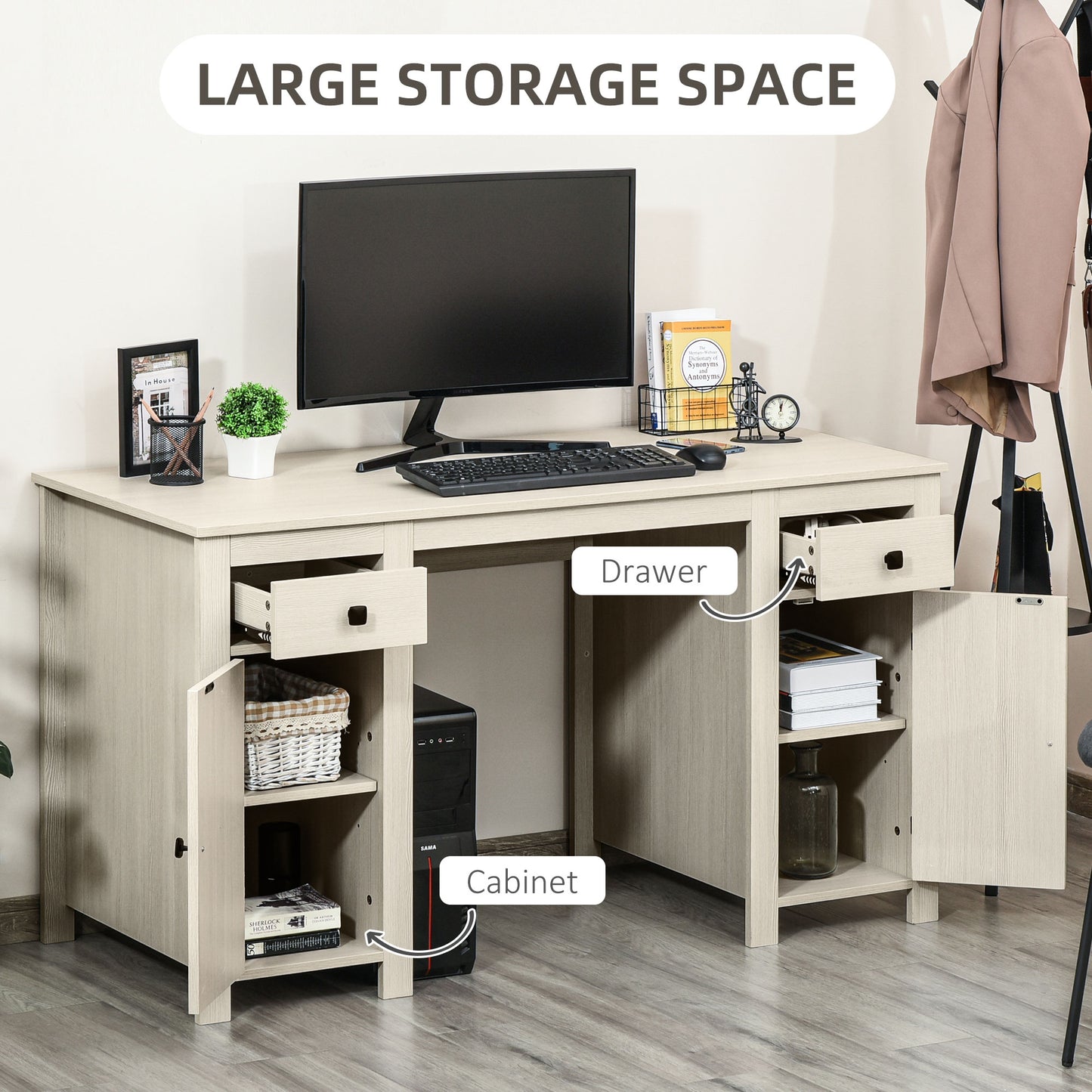 Farmhouse Computer Desk with Storage, Home Office Desk with 2 Drawers and 2 Cabinets, Cream White