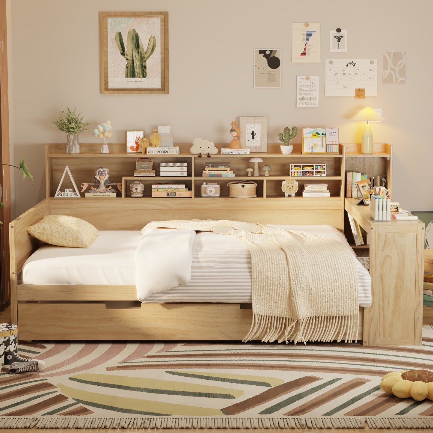 Wooden Full Size Daybed With Storage Shelves, Multi-functional Bed With Twin Size Trundle Bed And  Study Desk, Natural
