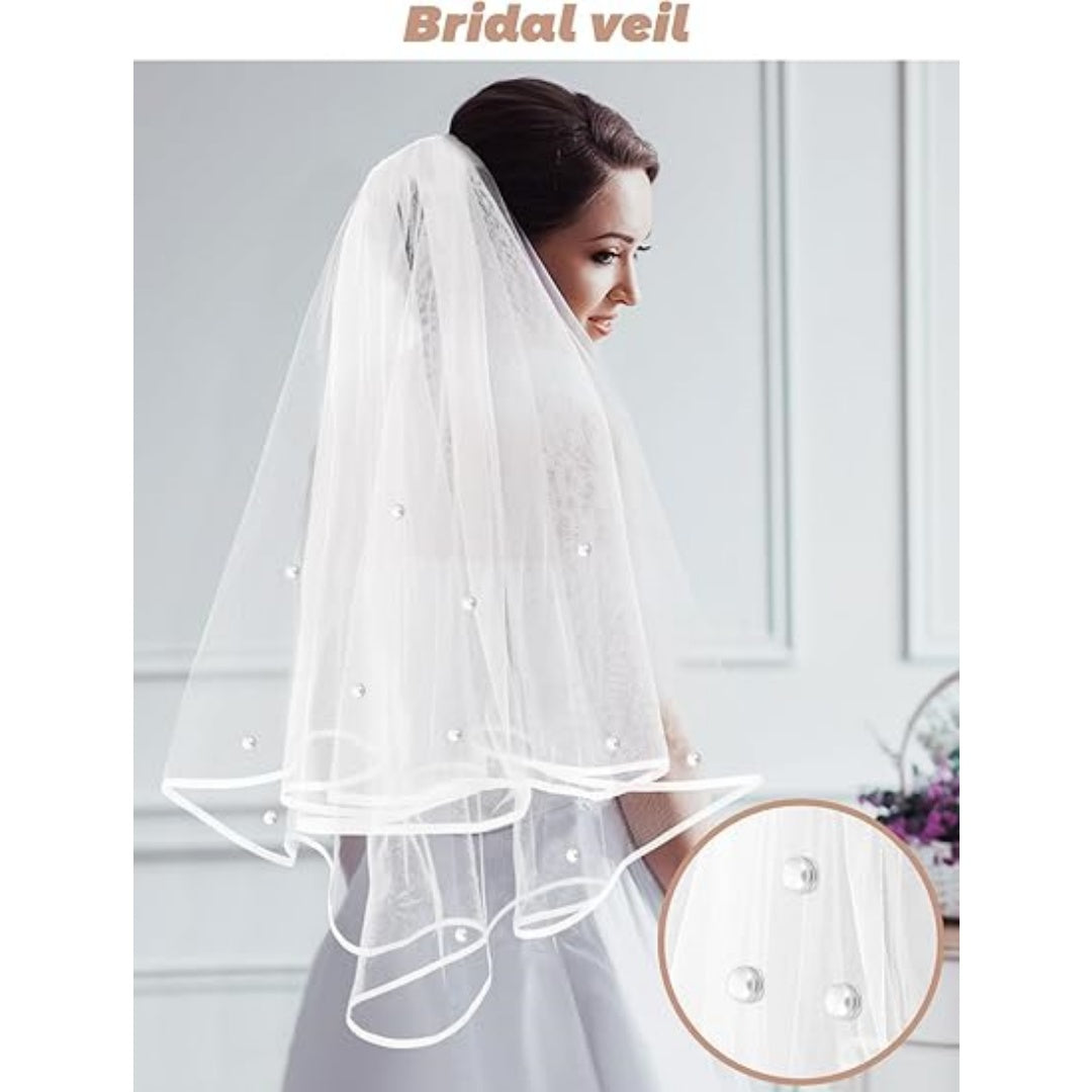 Bridal Veil Wedding Veil Weights Short 2 Tier Veil And 12 Pairs Veil Weights Magnetic Double Sided Artificial Pearls Silver Button For Bachelorette Party Bridal Shower Veil First Communion-Clearance