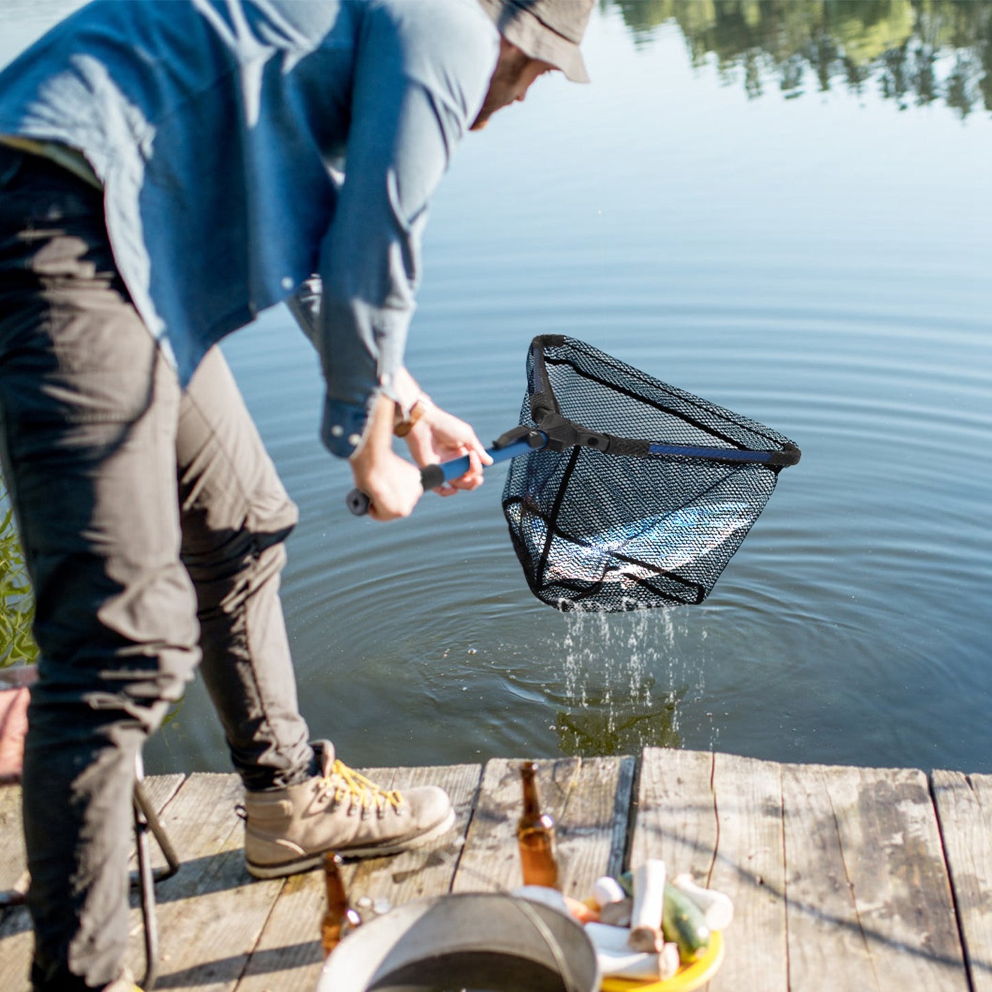 1Pc Foldable Fishing Net With Aluminum Alloy Rod EVA Handle Durable 5MM Hexagonal Nano Coating Nylon Mesh Collapsible Landing Net Safe Fish Catching Or Releasing