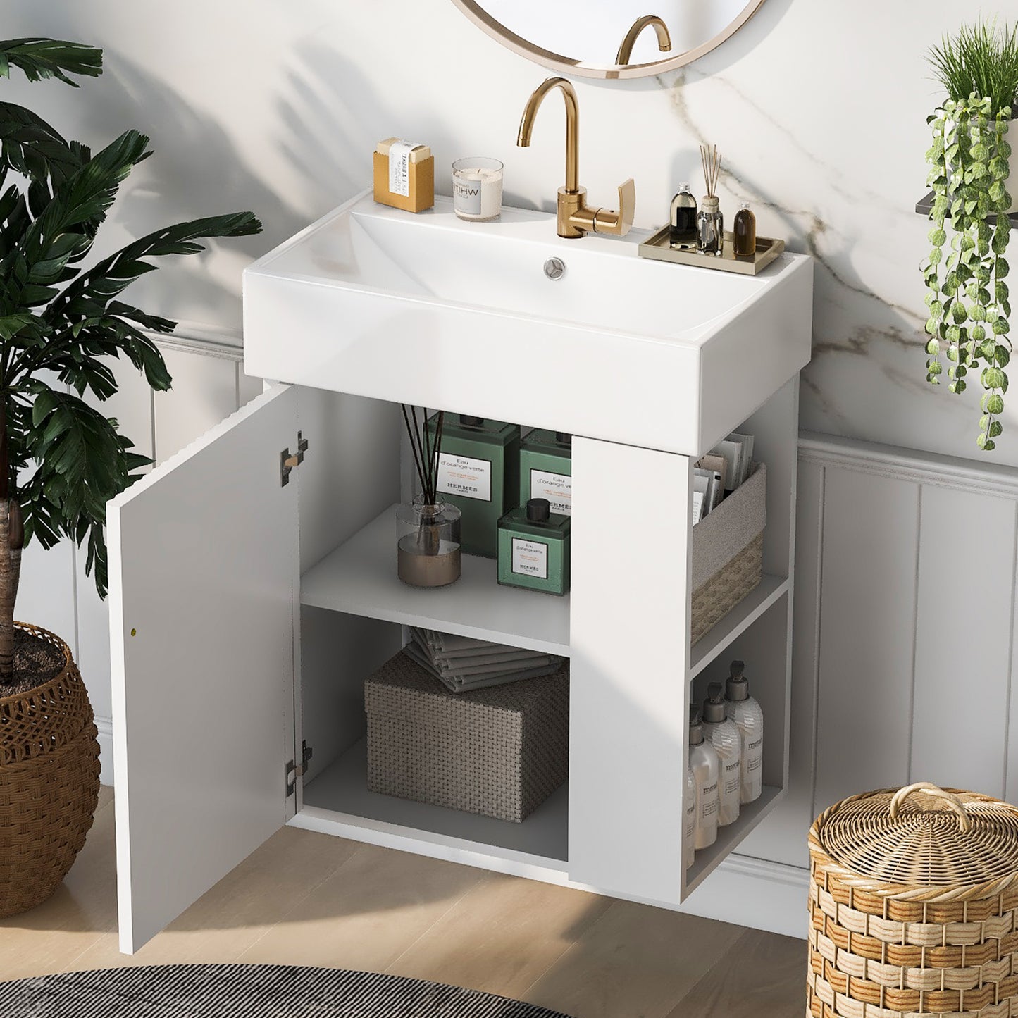 Video 21.6inch Modern Floating Bathroom Vanity With Ceramic Basin - Perfect For Small Bathrooms, Right Side Storage