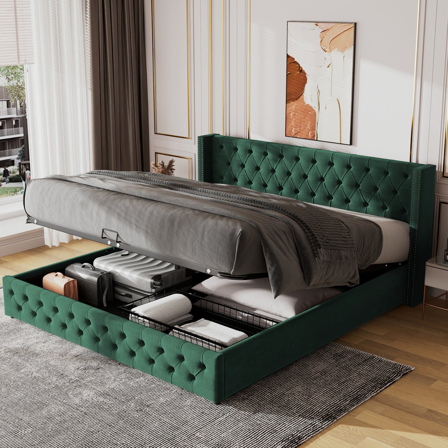 Upholstered Bed, 135x190, With Hydraulic Lever, Functional Bed From Storage,velvet, Green