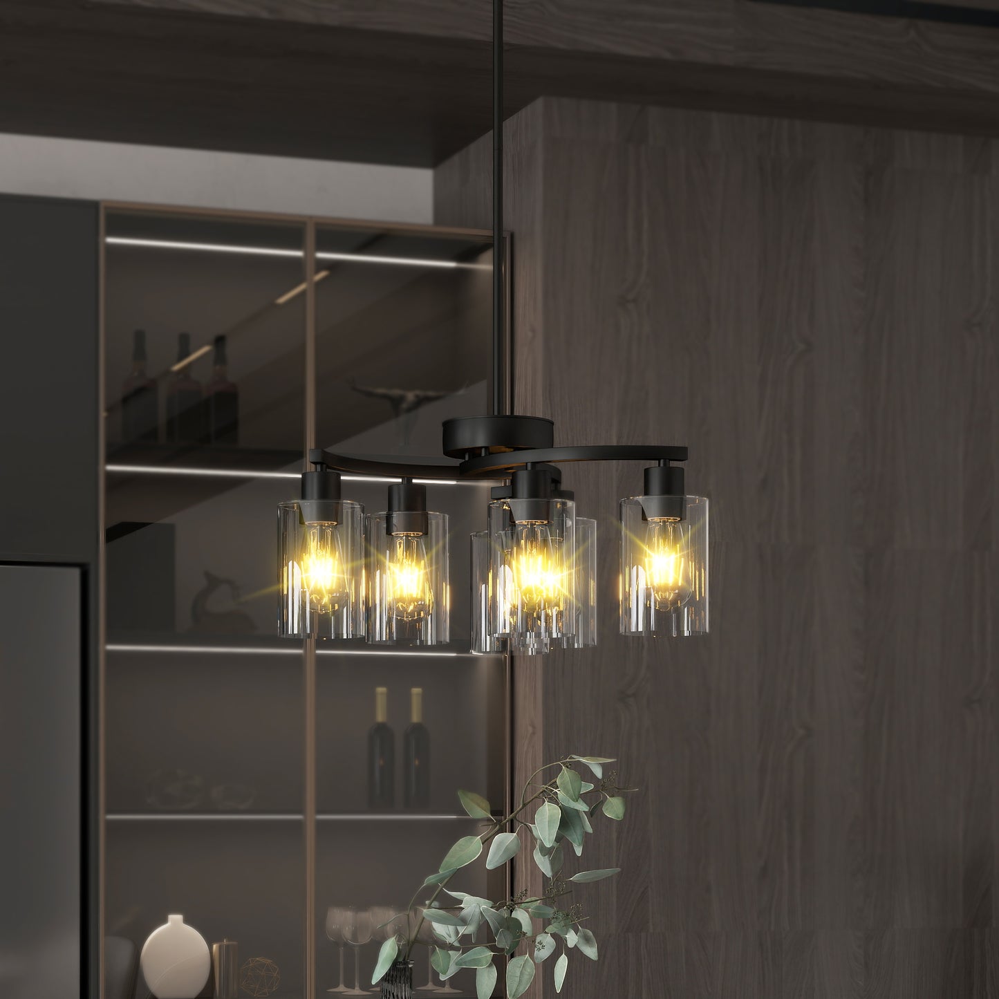 6-Light Modern Farmhouse Black Chandelier, Contemporary Dining Room Light Fixture, Adjustable Height Hanging Industrial Pendant Lights Kitchen Island, Clear Glass Shade