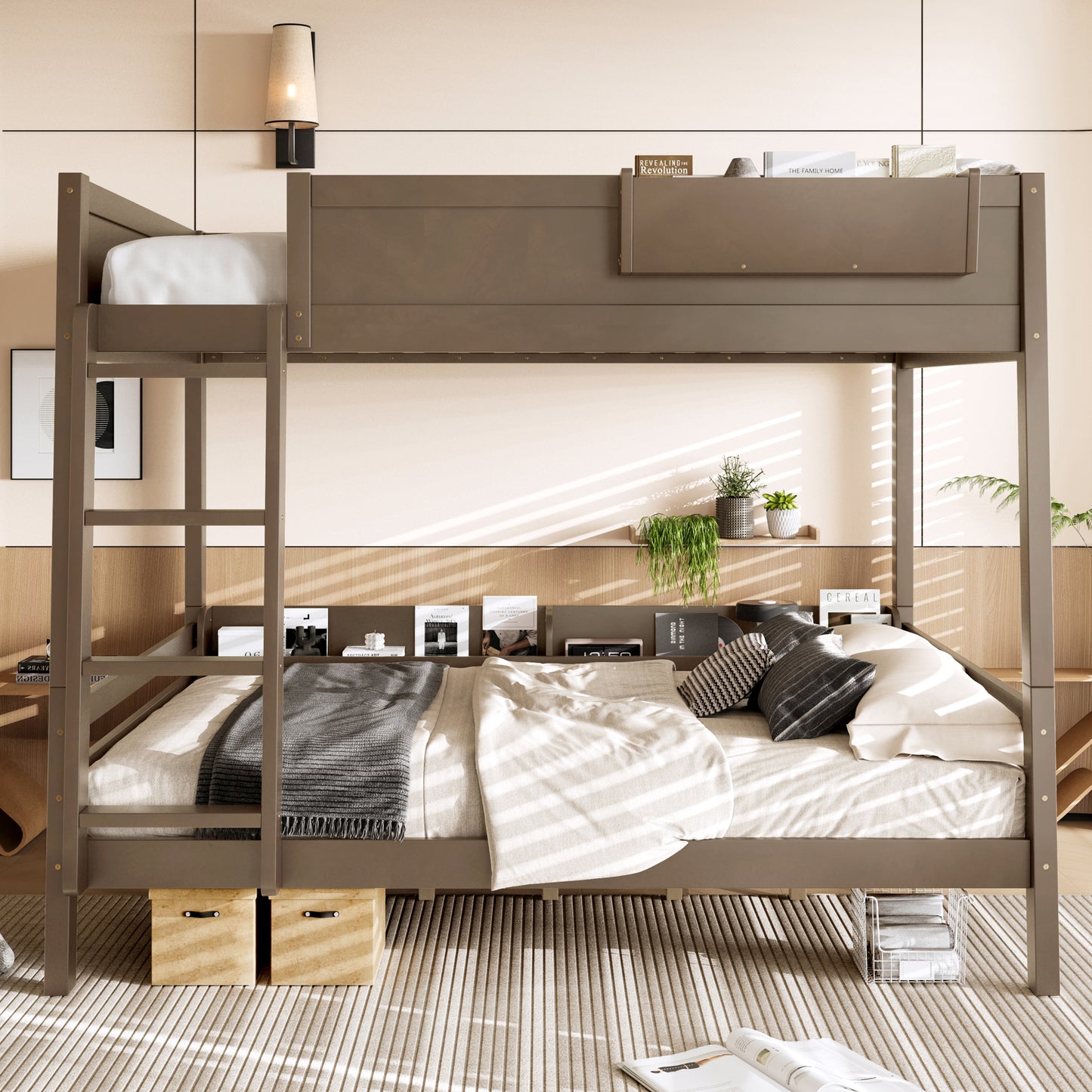 Queen Bunk Bed With  Storage Shelf And Bookshelf,Wood Bunk Bed With Ladder And Guardrails,Detachable Design,Vintage Brown
