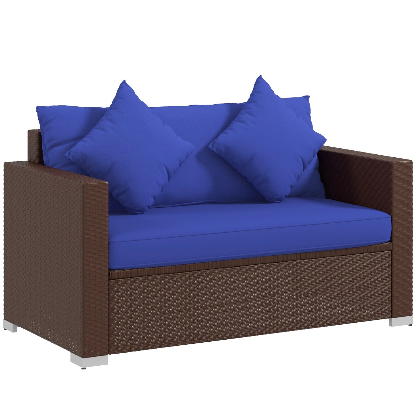 Wicker Loveseat, Patio Furniture Couch with Cushions, 2 Seat PE Rattan Sofa, 2 Throw Pillows, Blue