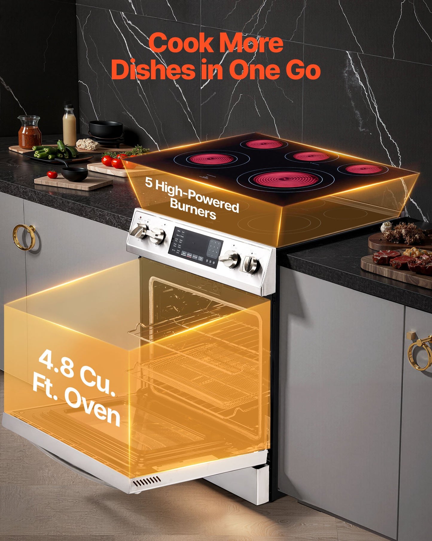 30 In Electric Range Oven, 4.8 Cu. Ft. Capacity Compact Freestanding Oven, Stainless Steel Kitchen Stove, With 5 Burners, Timer, Self-Cleaning, Easy Reach Racks, Storage Drawer(No Power Cord)