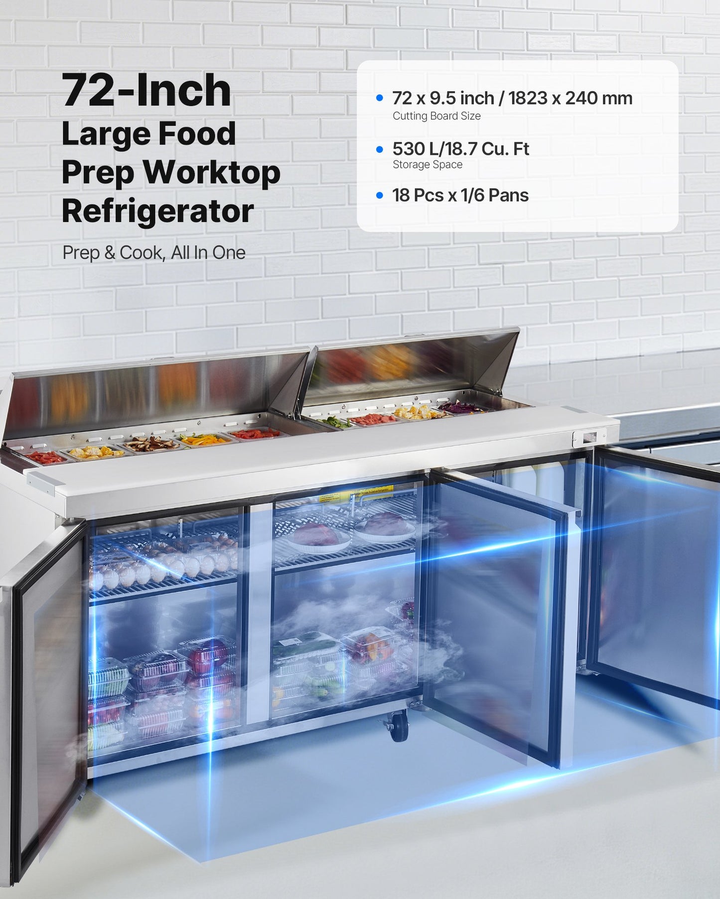 72"W Commercial Refrigerator, 18.7 Cu. Ft Sandwich Prep Refrigerated Table, Mega Top Food Prep Fridge With 18 Pans And Cutting Board, Stainless Steel Salad Prep Cooler For Restaurant, Food Truck