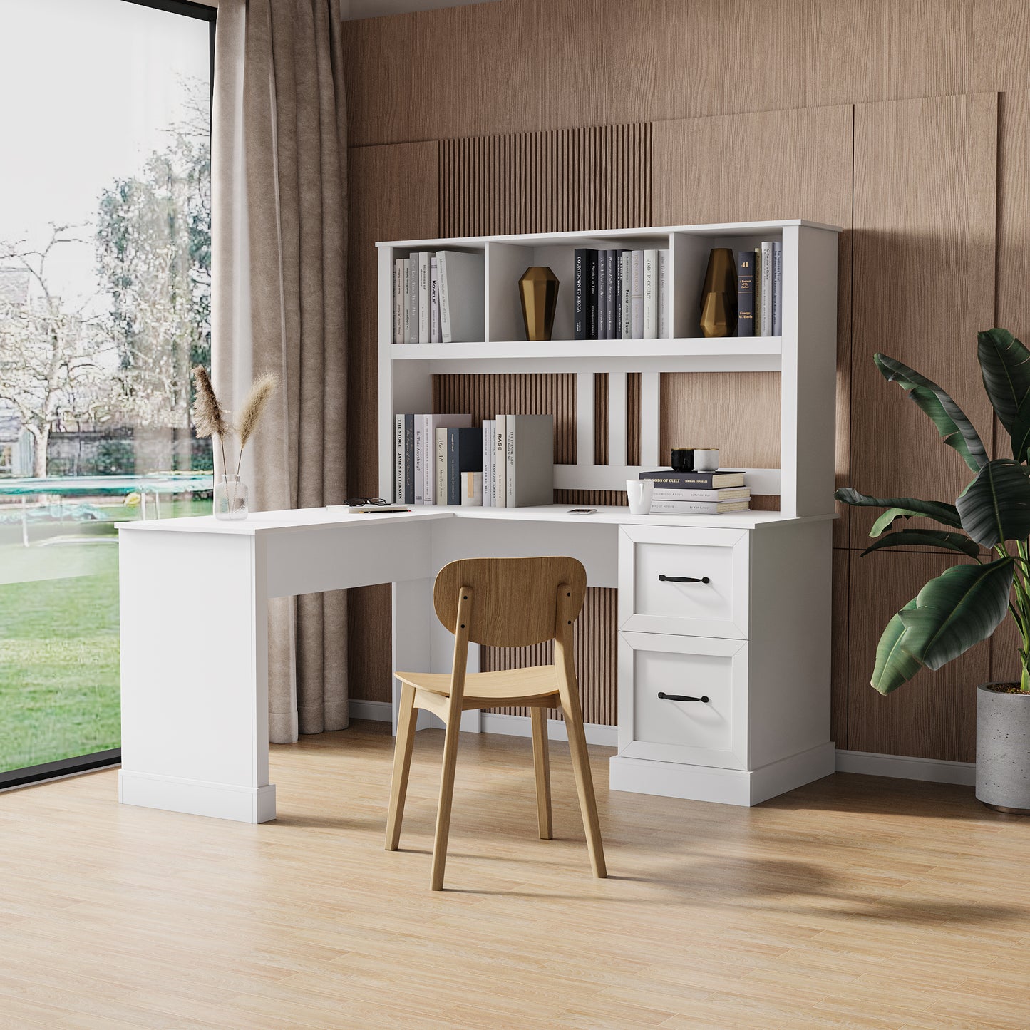 Home Office Computer Desk With Hutch, Antiqued White Finish