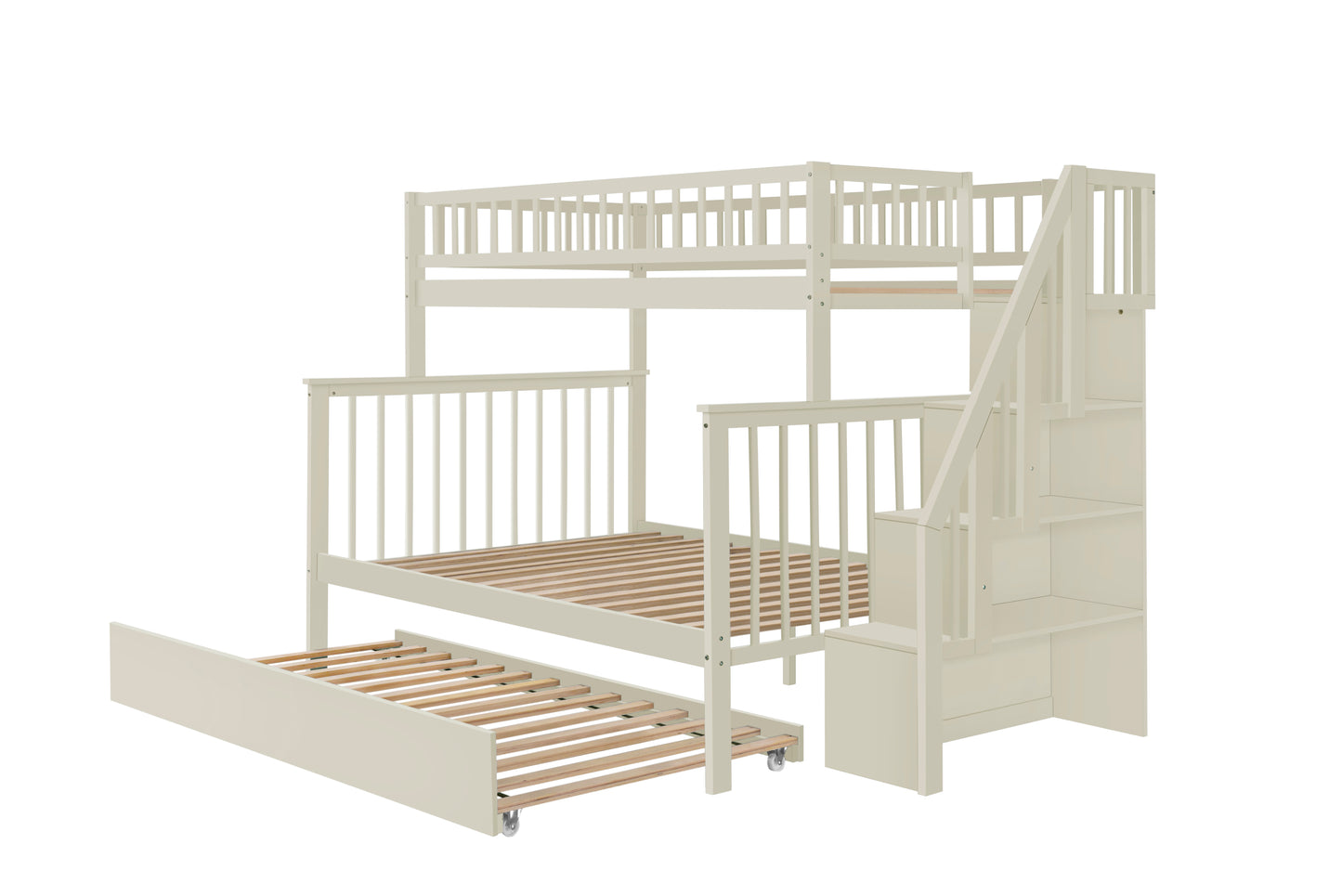Twin Over Full Stairway Bunk Bed With Trundle,Cream