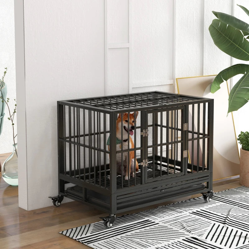 Heavy Duty Dog Crate Metal Cage Kennel With Lockable Wheels, Double Door And Removable Tray, Gray