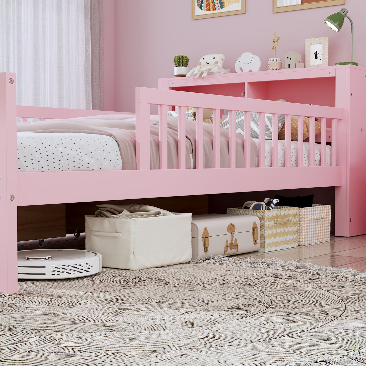 Twin Size Bed With Headboard Storage Rack, Two Under-Bed Drawers, Three-Side Guardrails For Safety And Security,Pink