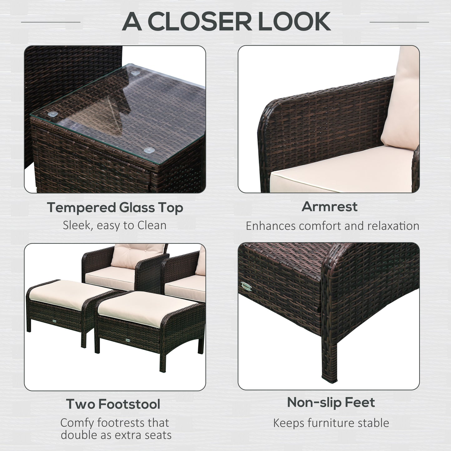 5 Pieces Rattan Wicker Lounge Chair Outdoor Patio Conversation Set with 2 Cushioned Chairs, 2 Ottomans and Tempered Glass Top Coffee Table, Brown/Beige