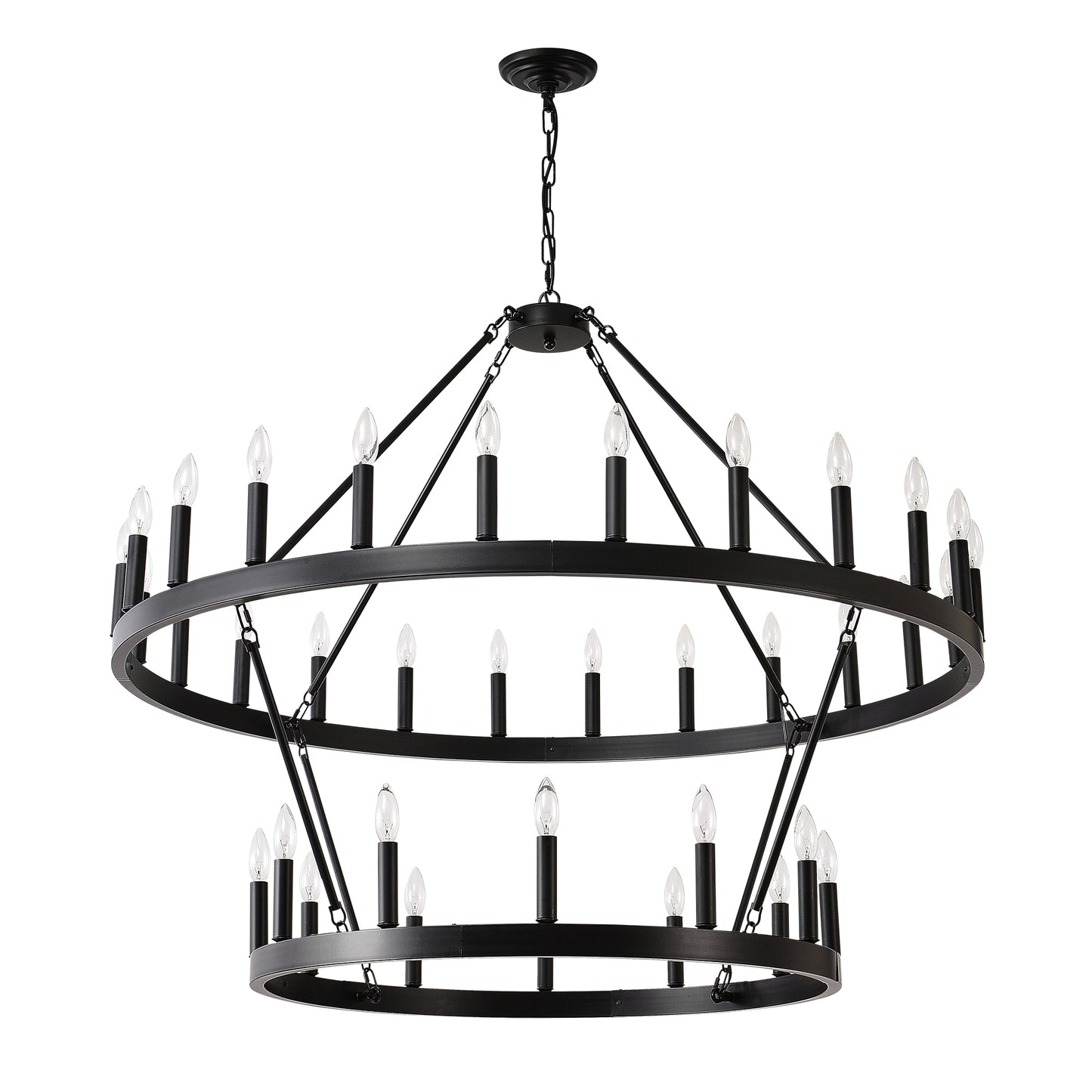 2 Tiers Wagon Wheel Chandelier Wooden Farmhouse 36-Light Black Metal Chandeliers 2-Story Light Fixtures Industrial For High Ceiling Living Dining Room Foyer. Adjustable Height