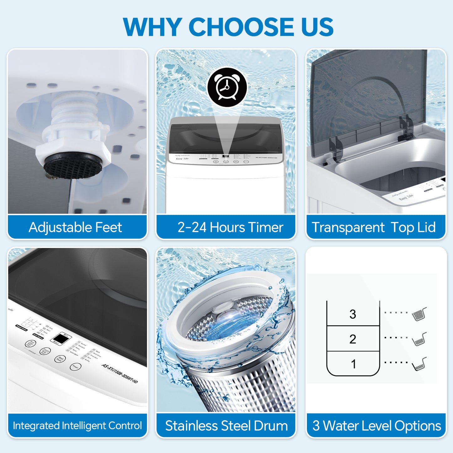 Portable Washing Machine, 7.7 Pounds, Fully Automatic Compact Model, Stainless Steel Tub, 10 Washing Modes, LED Display Screen