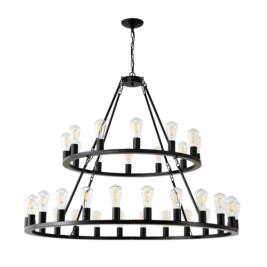 48 Inch Black Extra Large Wagon Wheel Chandelier, 2 Tier 36-Lights No Include Farmhouse Industrial Round High Ceiling Pendant Light Adjustable Chain, For Dining Room, Living Room,Kitchen