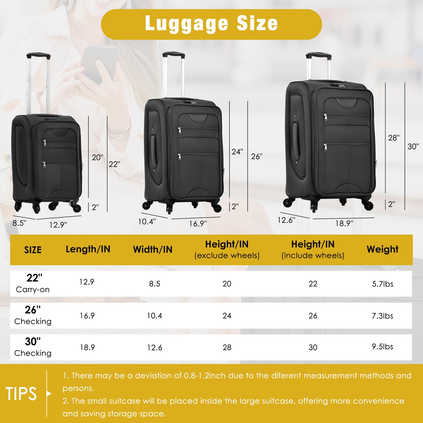 Softside Luggage Expandable 3 Piece Set Suitcase With Duffel Bag Upright Spinner Softshell Lightweight Luggage Travel Set-22-26-30 IN