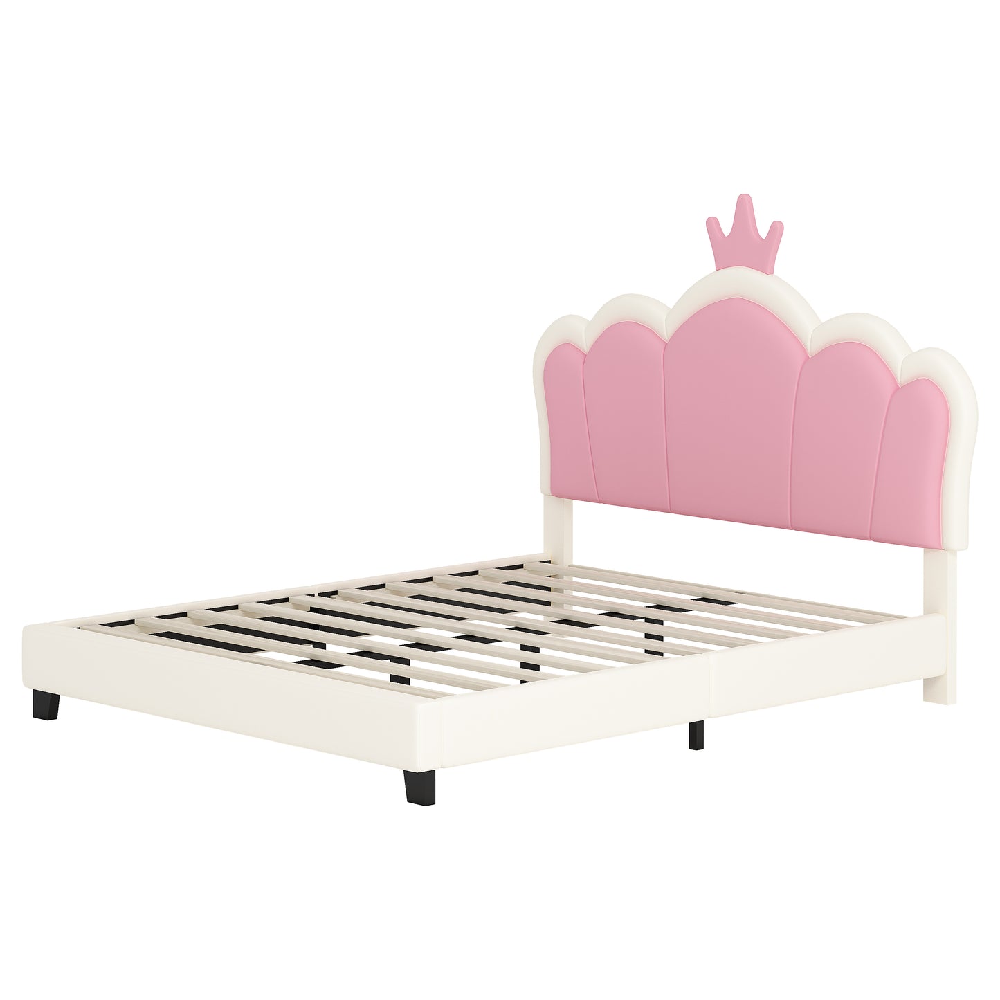 Full Size Upholstered Princess Bed With Crown Headboard,Full Size Platform Bed With Headboard And Footboard, Cream Pink