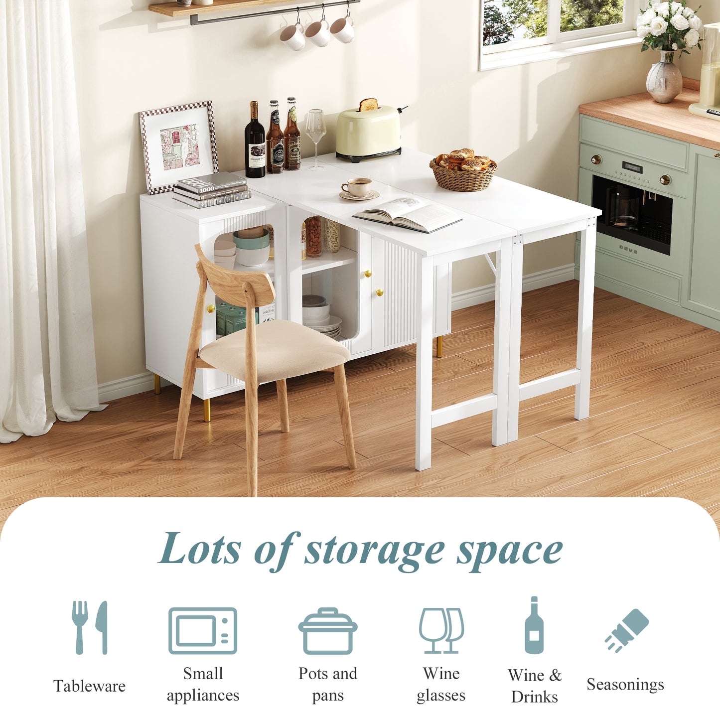 Bar Table,Multifunctional Dining & Bar Cabinet With Rotating Extendable Tabletop , Storage Cabinet With  Glass  Doors,  For Dining Room Kitchen  Living Room