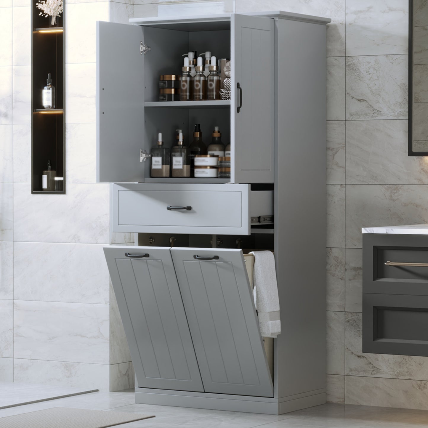 Bathroom Storage Cabinet With Two Laundry Baskets, Storage Cabinet With Doors And Drawer For Home, Grey