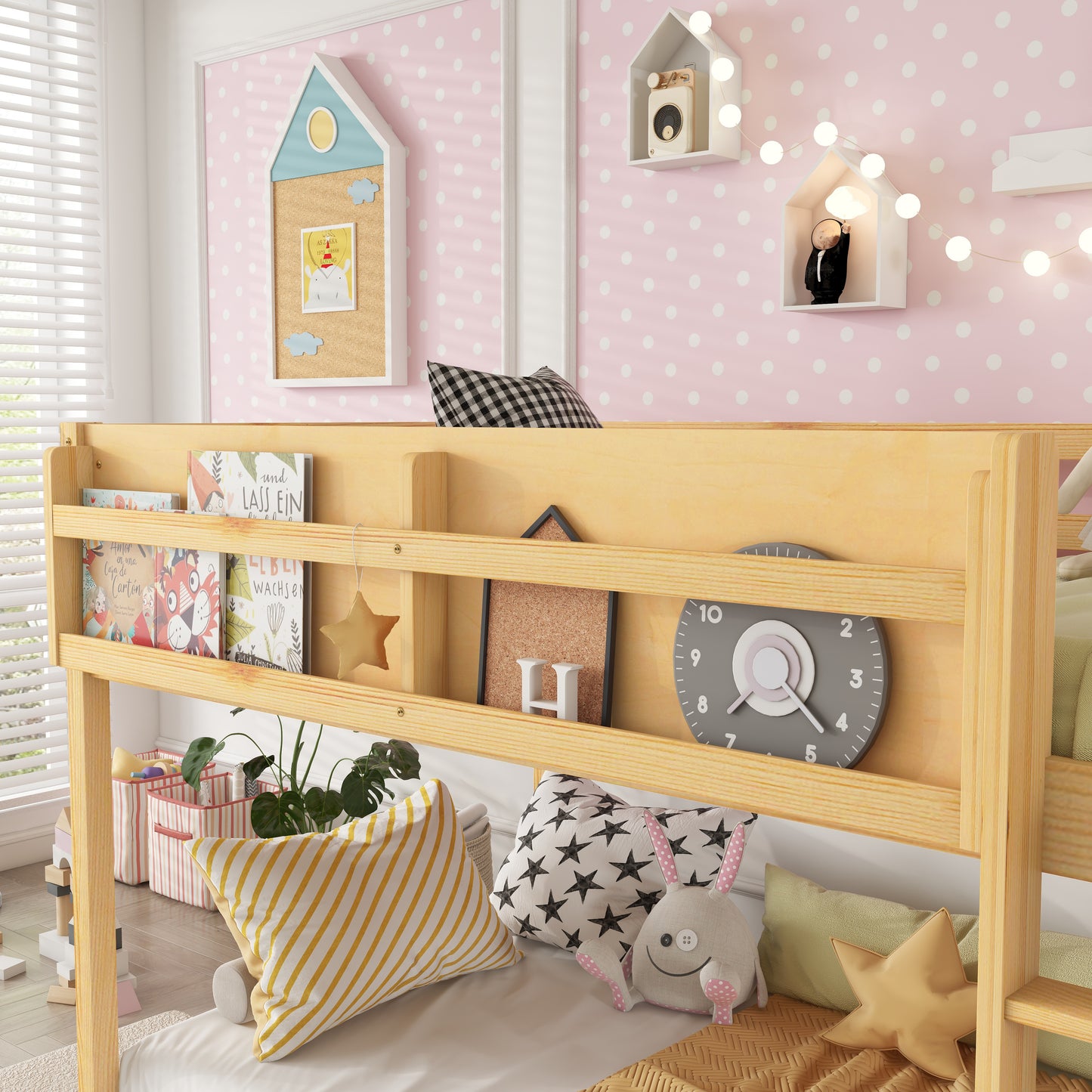 Low Twin Over Twin Bunk Bed, Floor Bunk Bed With Ladder, Solid Wood Twin Bunk Bed For Kids & Juniors, NaturalExpect Arrival Date 2025 11 25