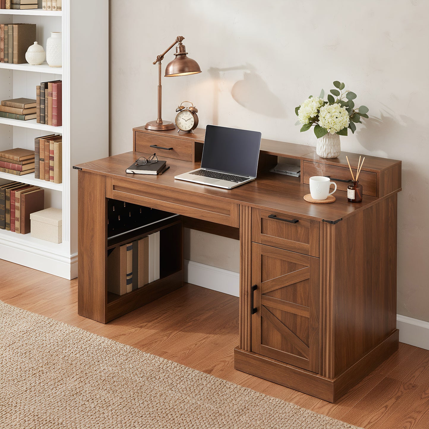 55 Farmhouse Office Desk With Storage Cabinet  Charging Station, Barn Door Design Computer Writing Desk With Keyboard Tray, Monitor Stand & Pegboard For Study, Living Room, Home Office, Dark Walnut
