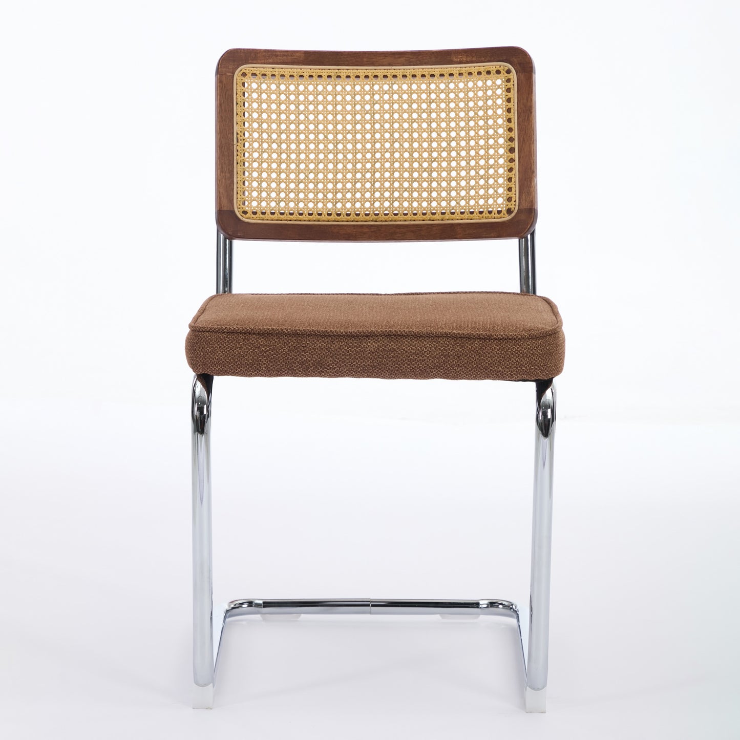 Mid Century Modern Dining Chairs Set Of 2, Linen Accent Chairs With Natural Cane Back & Stainless Chrome Base, Famous Breuer Designed Chairs, Upholstered Rattan Kitchen Chairs,Coffee Color,SW1851CF