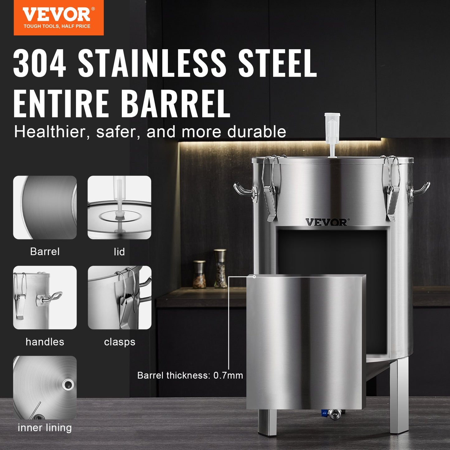 304 Stainless Steel Kettle, 16 GALLON Beer Brew Fermentor, Brew Bucket Fermentor For Brewing, Home Brewing Supplies With Base, Kettle Stock Pot Includes Lid, Handle, Valve, Spigot, Thermometer