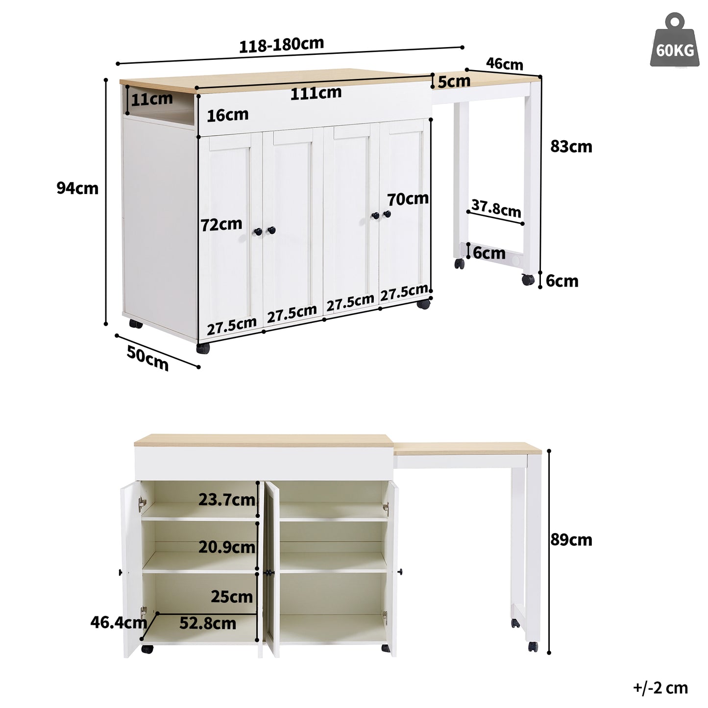Modern Extendable Bar Table 118-180x50x94cm, Extendable Dining Table With Storage, With Six Shelves, Standing Table Bistro Table, For Dining Room, Use As Living Room Room Divider, White Gray