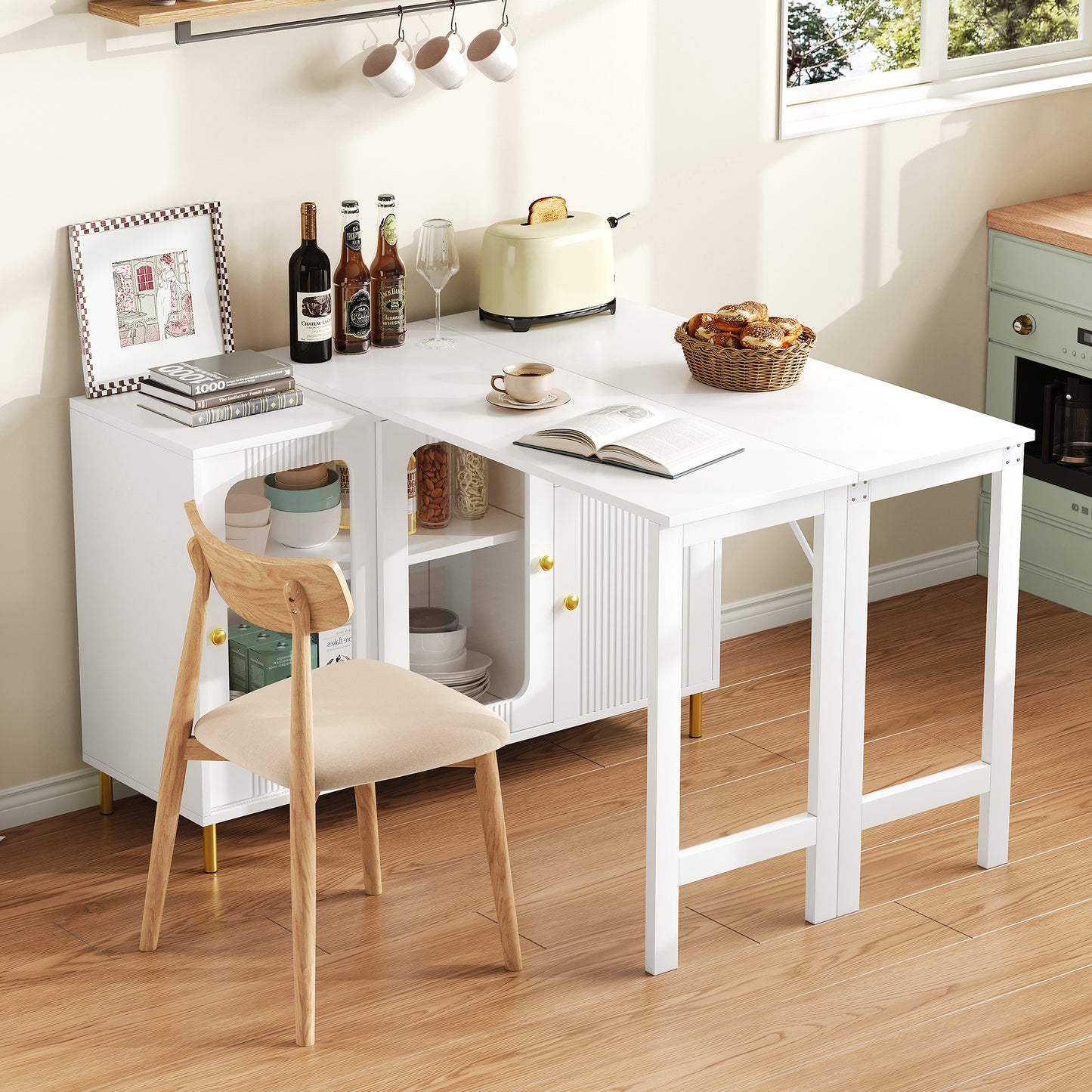 Bar Table,Multifunctional Dining & Bar Cabinet With Rotating Extendable Tabletop , Storage Cabinet With  Glass  Doors,  For Dining Room Kitchen  Living Room