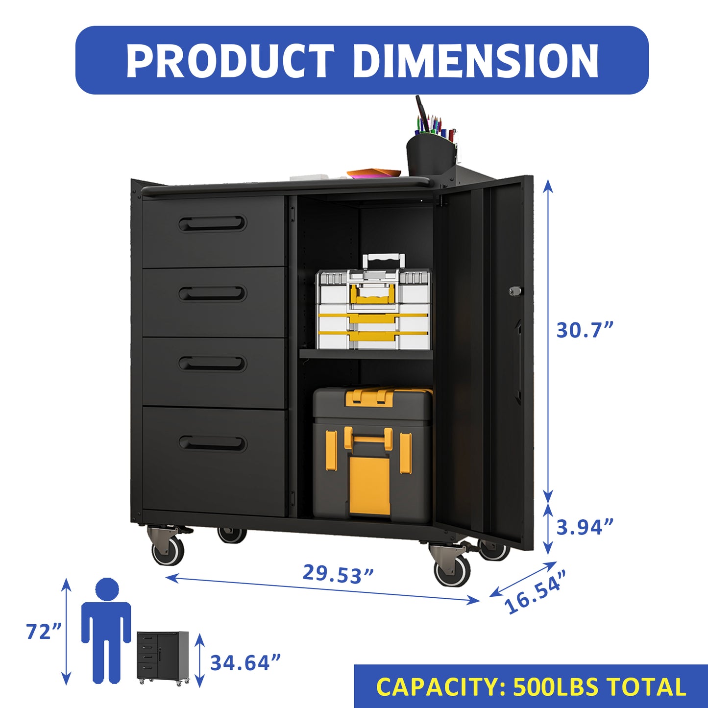 Sturdy Metal Tool Storage Cabinet With Wheels - Tool Storage Cabinet For Garage, Office, And Home Organizer Solutions, Black Gray