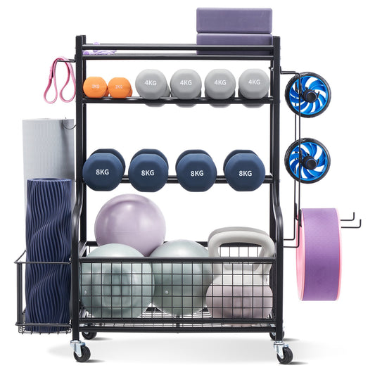 Yoga Mat Storage Rack, Powder Coated Finish Steel Yoga Mat Holder, Home Gym Workout Equipment Organizer With Hooks & Wheels, Weight Rack For Foam Roller, Dumbbell, Kettlebell, And Yoga Strap