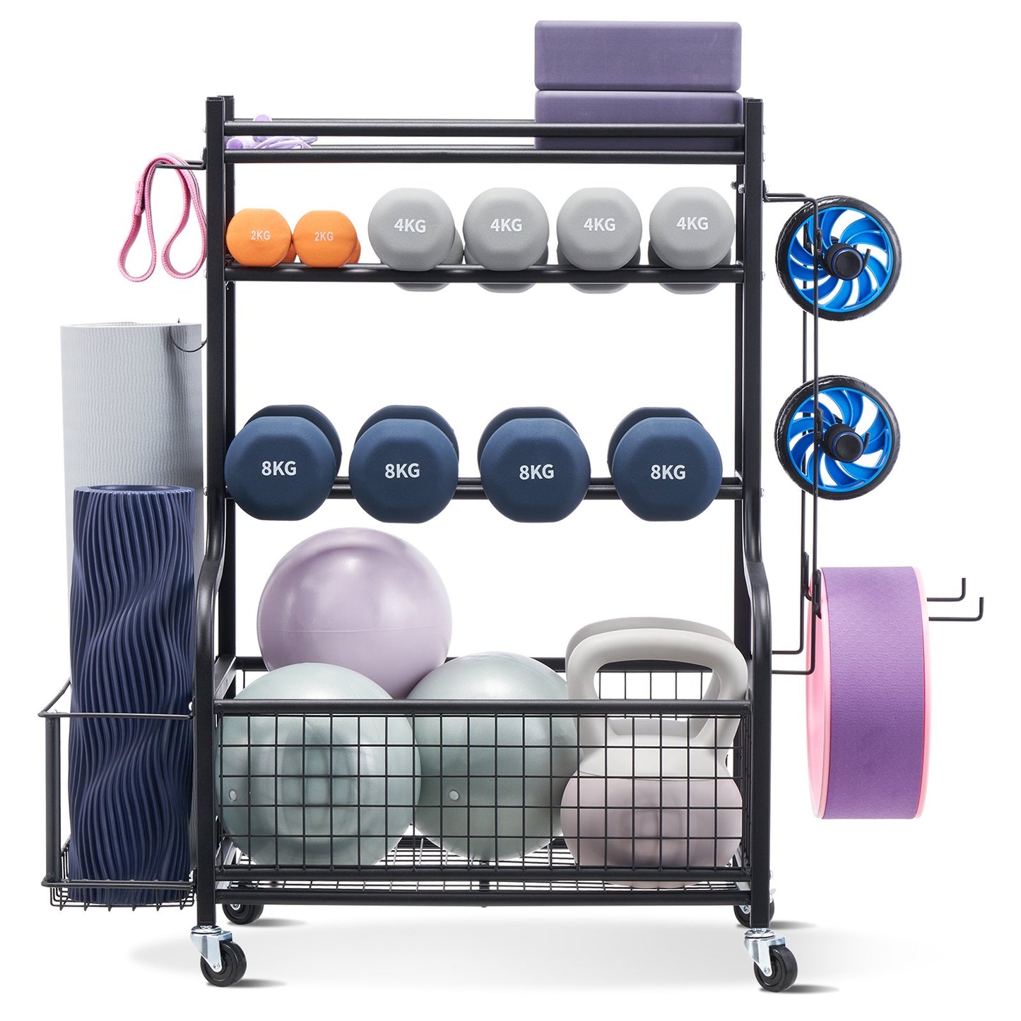 Yoga Mat Storage Rack, Powder Coated Finish Steel Yoga Mat Holder, Home Gym Workout Equipment Organizer With Hooks & Wheels, Weight Rack For Foam Roller, Dumbbell, Kettlebell, And Yoga Strap