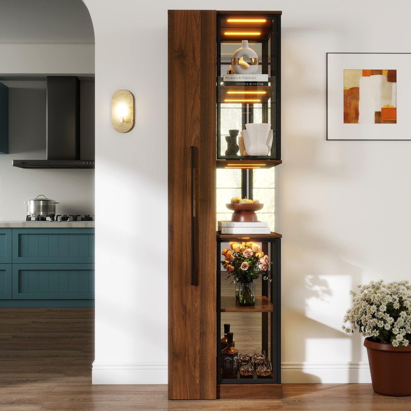 70 Display Cabinet With Glass Doors And Lights, With Multi-functional Pull-out Multi-tier Storage Shelf , Wooden Display Storage Cabinets