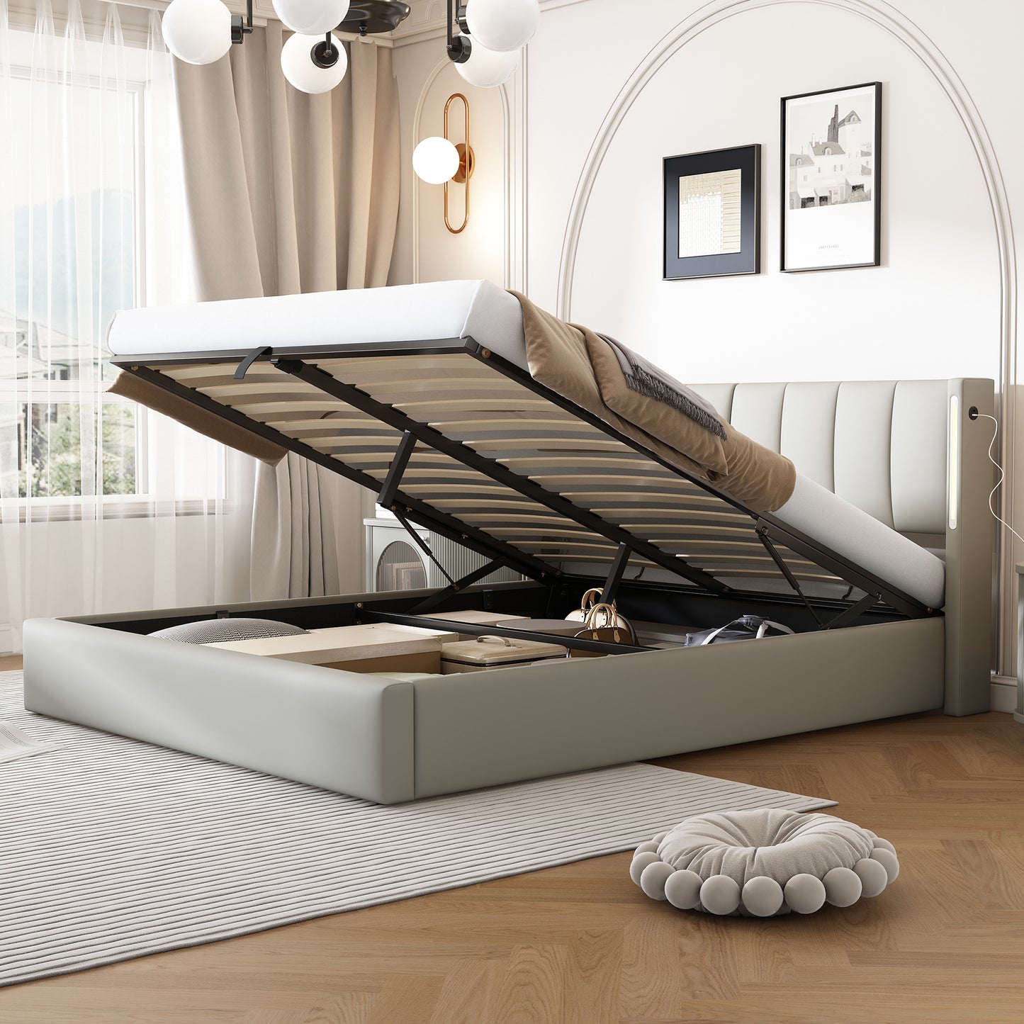 LED Upholstered Bed ,King Size Bed-5ft 150X200cm Hydraulic Bed, Rechargeable USB Port In Bed, With LED Lighting, With Storage Space, Adjustable Headboard, PU , Grey