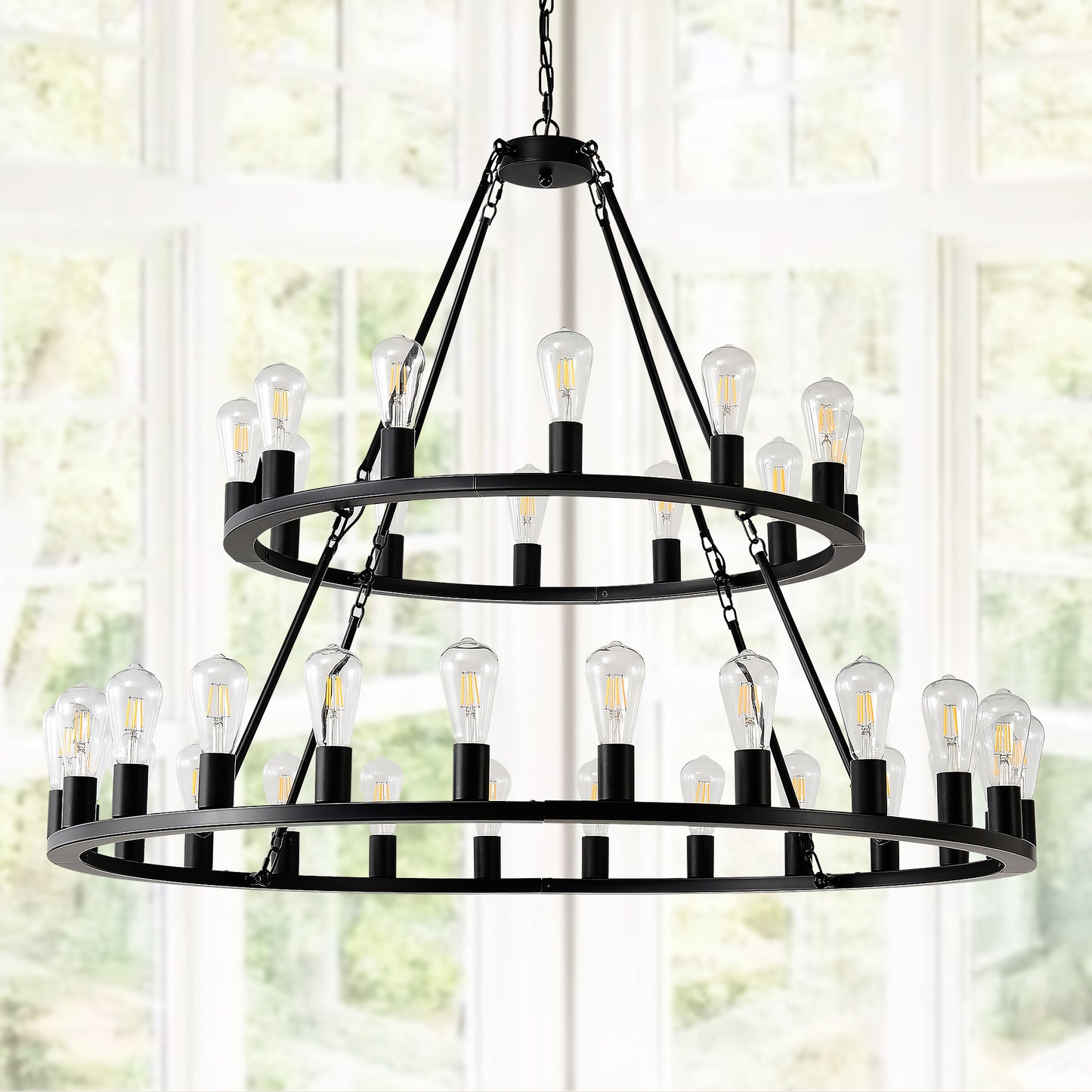 48 Inch Black Extra Large Wagon Wheel Chandelier, 2 Tier 36-Lights No Include Farmhouse Industrial Round High Ceiling Pendant Light Adjustable Chain, For Dining Room, Living Room,Kitchen
