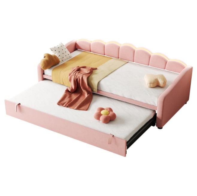 Upholstered Bed 90x190cm, Daybed, Sofa Bed With RGB LED Lighting, 3ft Petal Shape Single Bed With Trundle,Pull Out Trundle Bed For Living Room Bedroom Study Room, Velvet,