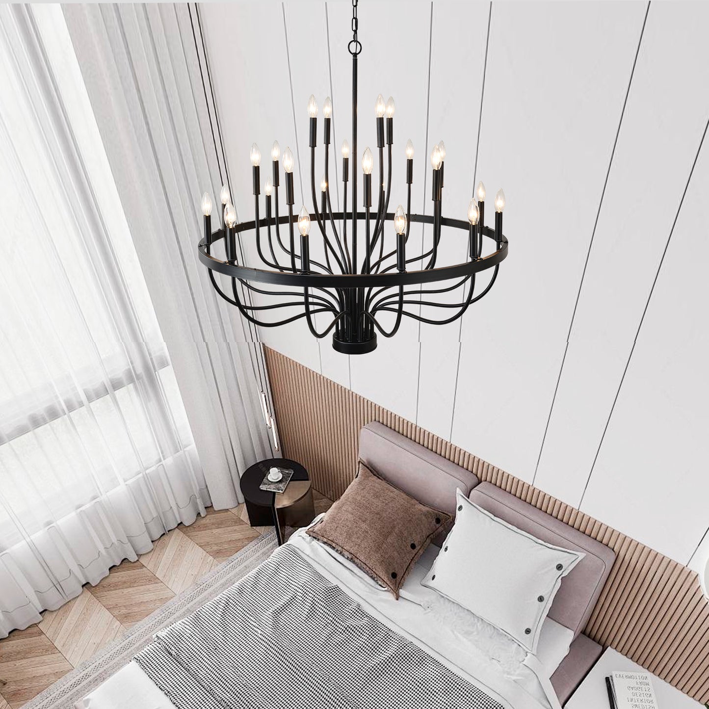 24-Light Black Chandelier Industrial Iron Candle Chandelier Modern Suspended Farmhouse Chandeliers Pendant Light Fixtures For Dining Room Bedroom Living Room Kitchen Island Foyer E12 Bulb